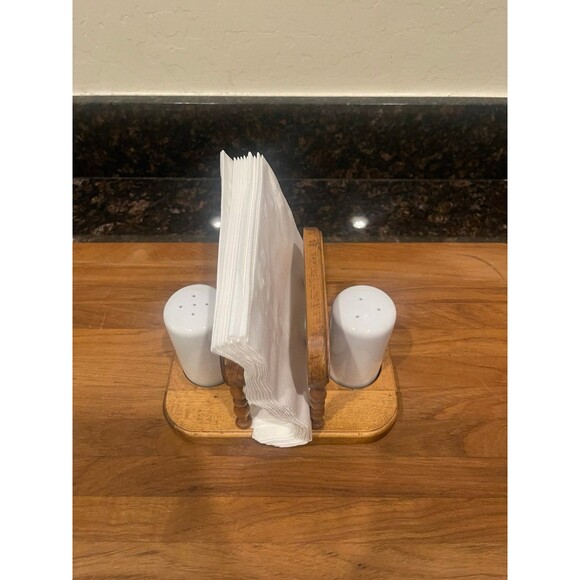Vintage Wood Napkin Holder w/Salt & Pepper Dispensers - Picture 2 of 8